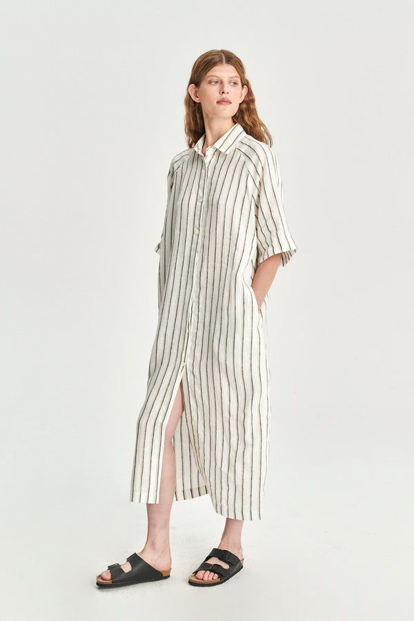 Delikatessen Dress In A In A Fine White Black And Beige Airy Double Striped Bohemian Linen