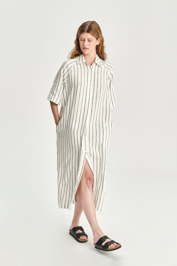 Delikatessen Dress In A In A Fine White Black And Beige Airy Double Striped Bohemian Linen
