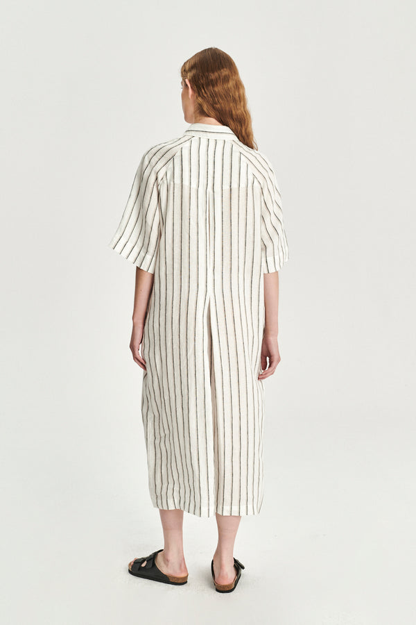 Delikatessen Dress In A In A Fine White Black And Beige Airy Double Striped Bohemian Linen