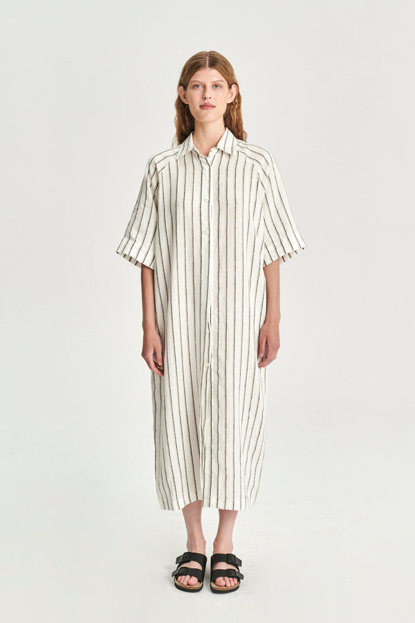 delikatessen Dress in a in a Fine White Black and Beige Airy Double Striped Bohemian Linen