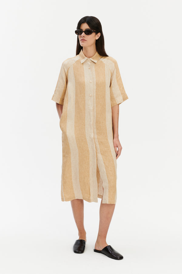 Delikatessen Dress In A In Pure Finest Italian Linen In Bold Stripe