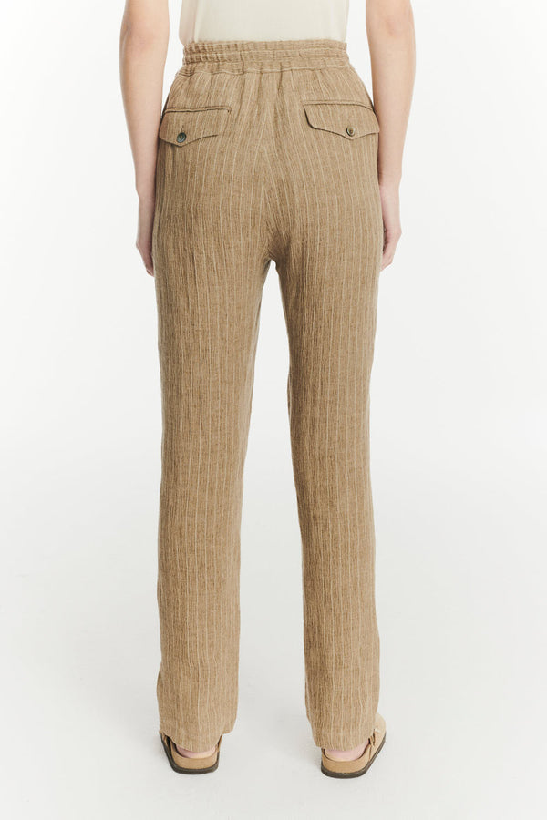 Delikatessen Elasticated Band Trousers In A Camel Fluid Italian Linen And Viscose