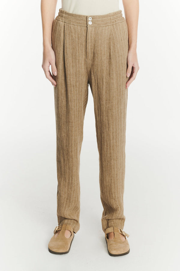 delikatessen Elasticated Band Trousers in a Camel Fluid Italian Linen and Viscose