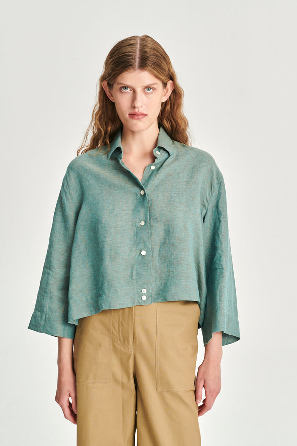 Delikatessen Ellipse Blouse In The Finest Green Delavé Portuguese Linen