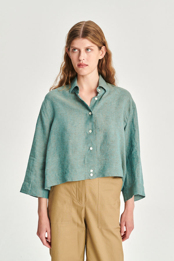 Delikatessen Ellipse Blouse In The Finest Green Delavé Portuguese Linen