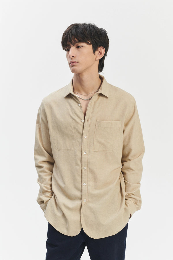 Delikatessen Farmer Shirt In A Cream Beige Fine Mix Of Italian Cotton And Virgin Wool