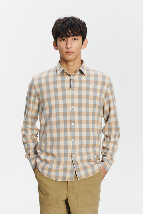 Delikatessen Feel Good Shirt In A Beige Brown And Blue Grey Chequered Soft Italian Lyocell Organic Cotton Flannel
