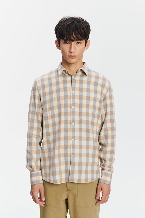 Delikatessen Feel Good Shirt In A Beige Brown And Blue Grey Chequered Soft Italian Lyocell Organic Cotton Flannel