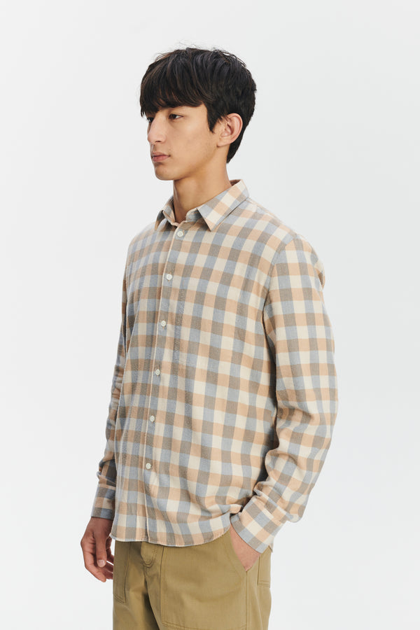 Delikatessen Feel Good Shirt In A Beige Brown And Blue Grey Chequered Soft Italian Lyocell Organic Cotton Flannel
