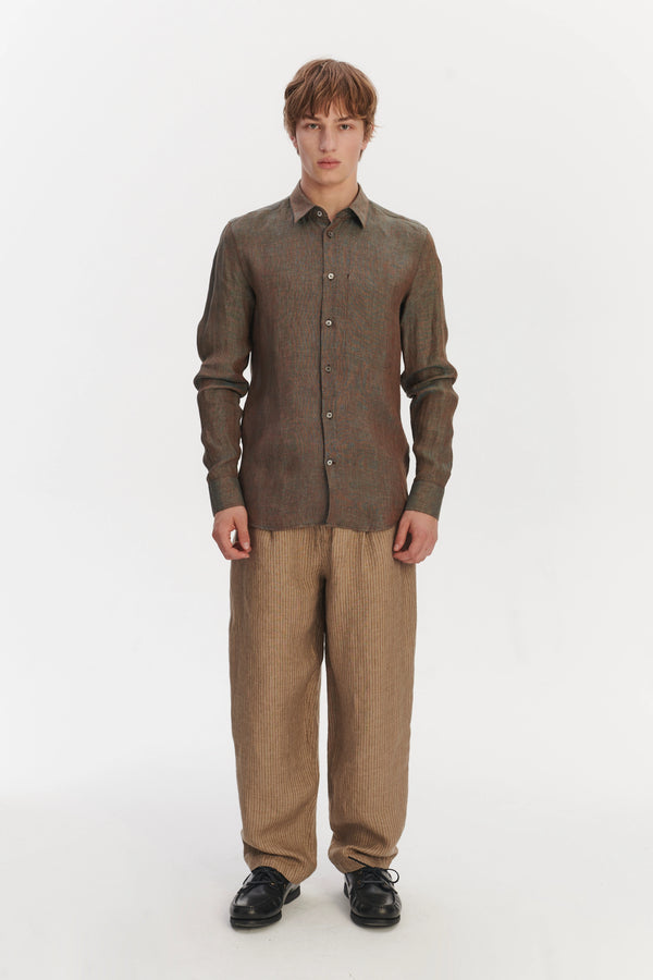 delikatessen Feel Good Shirt in a Brown Changeant Italian Linen delikatessen Feel Good Shirt in a Brown Changeant Italian Linen