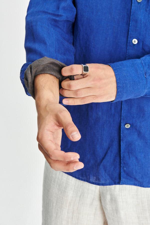 Delikatessen Feel Good Shirt In A Cobalt Blue And Taupe Double Sided Italian Linen