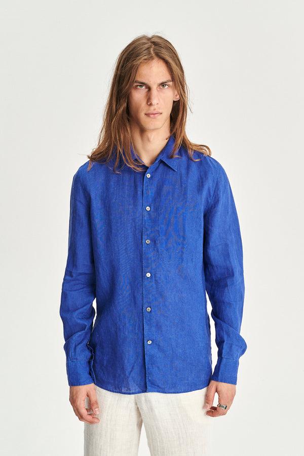 Delikatessen Feel Good Shirt In A Cobalt Blue And Taupe Double Sided Italian Linen