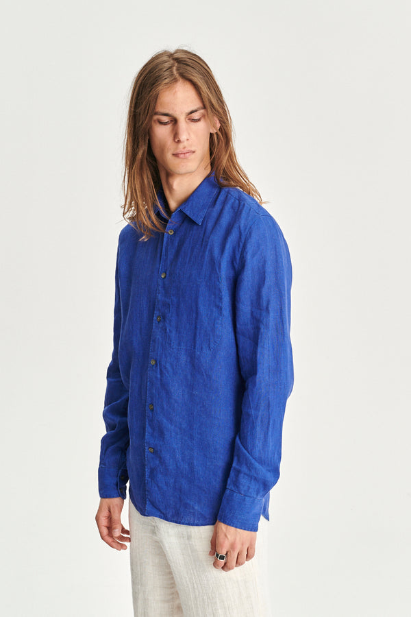 Delikatessen Feel Good Shirt In A Cobalt Blue And Taupe Double Sided Italian Linen