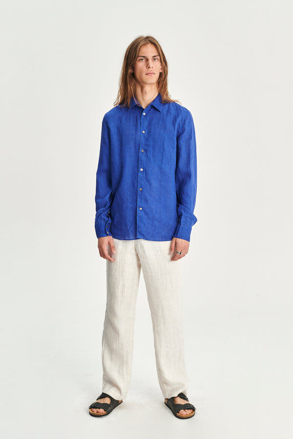 delikatessen Feel Good Shirt in a Cobalt Blue and Taupe Double Sided Italian Linen