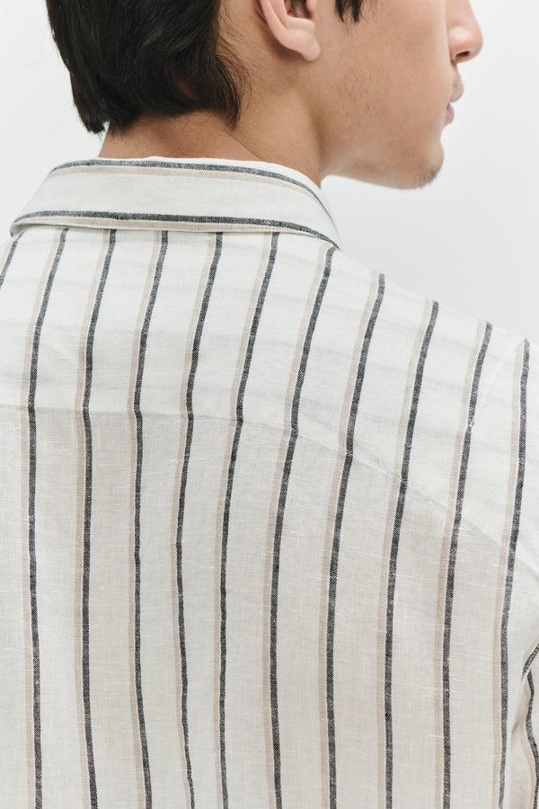 Delikatessen Feel Good Shirt In A Fine White Black And Beige Double Striped Bohemian Linen