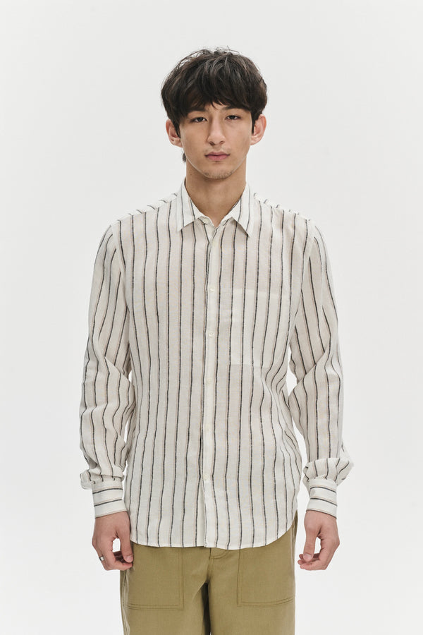 Delikatessen Feel Good Shirt In A Fine White Black And Beige Double Striped Bohemian Linen