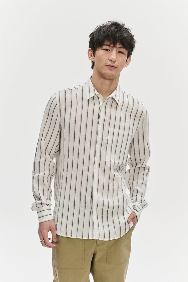 Delikatessen Feel Good Shirt In A Fine White Black And Beige Double Striped Bohemian Linen