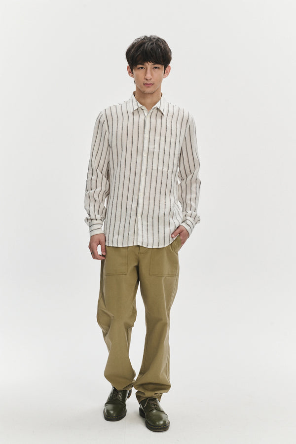 delikatessen Feel Good Shirt in a Fine White Black and Beige Double Striped Bohemian Linen