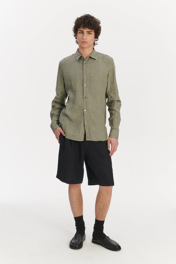 delikatessen Feel Good Shirt in a Green Structured Italian Oxford Linen delikatessen Feel Good Shirt in a Green Structured Italian Oxford Linen