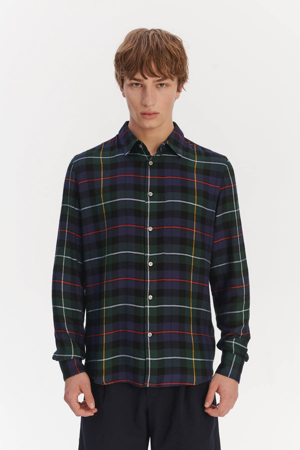 Delikatessen Feel Good Shirt In The Finest Dark Blue Green Red And Yellow Chequered Fluid Italian Modal