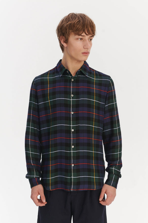 Delikatessen Feel Good Shirt In The Finest Dark Blue Green Red And Yellow Chequered Fluid Italian Modal