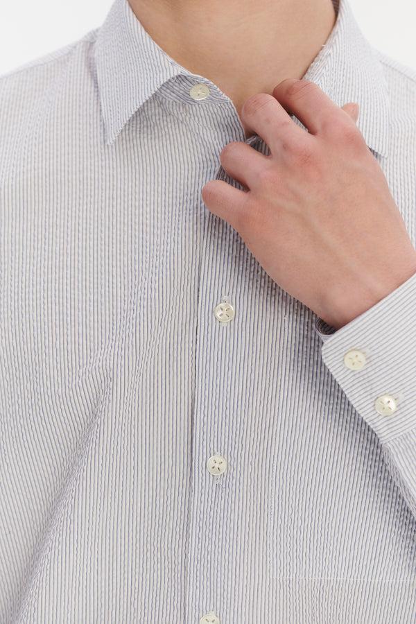 Delikatessen Feel Good Shirt In The Finest Italian Subtle Blue And White Cotton Seersucker By Albini
