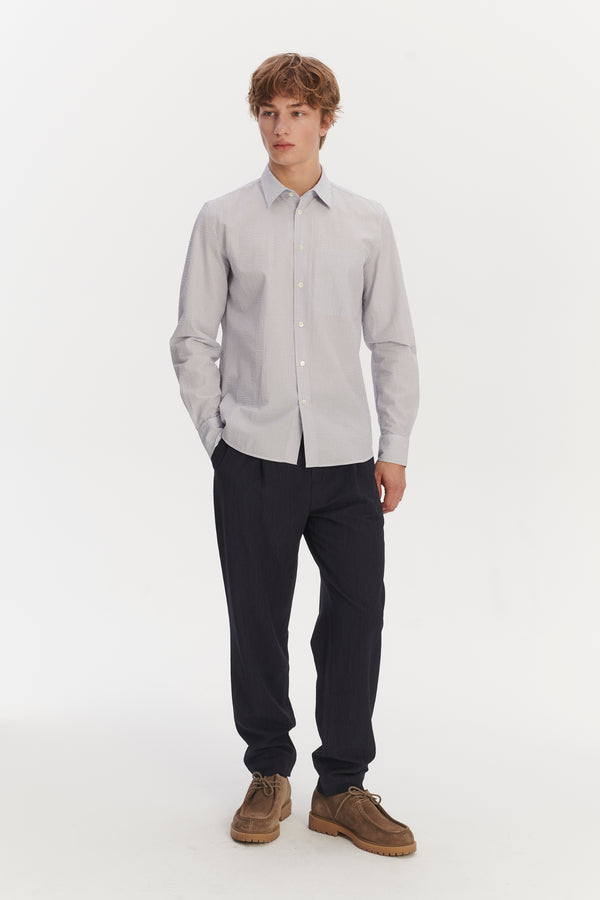 Delikatessen Feel Good Shirt In The Finest Italian Subtle Blue And White Cotton Seersucker By Albini