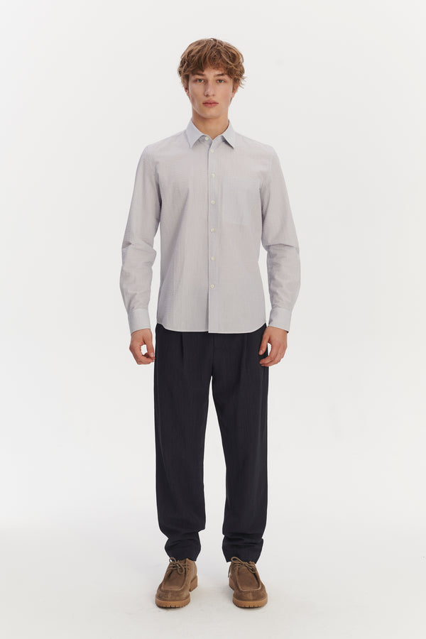 delikatessen Feel Good Shirt in the Finest Italian Subtle Blue and White Cotton Seersucker by Albini