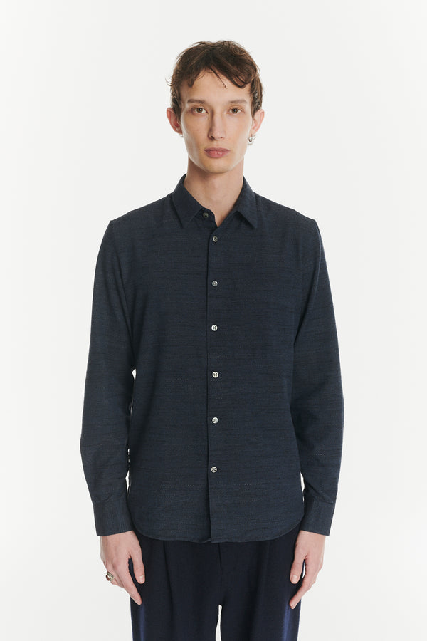 Delikatessen Feel Good Shirt In The Finest Navy Blue Black And Grey Cotton And Wool