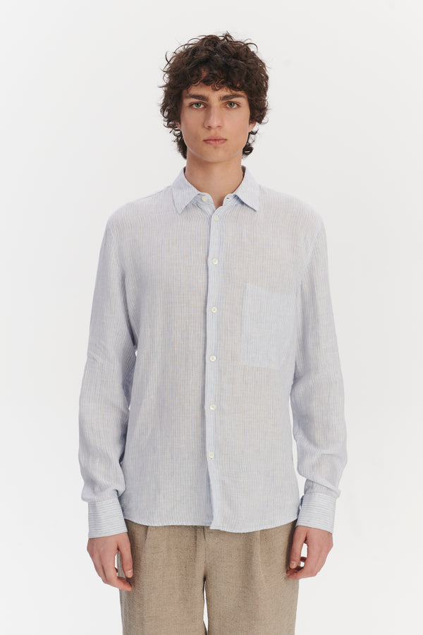 Delikatessen Feel Good Shirt In The Finest White And Subtle Blue Pin Striped Italian Linen