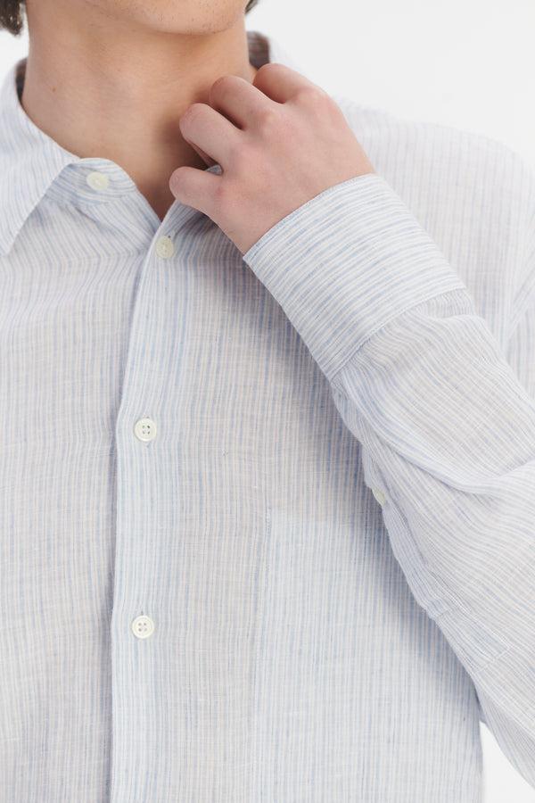 Delikatessen Feel Good Shirt In The Finest White And Subtle Blue Pin Striped Italian Linen