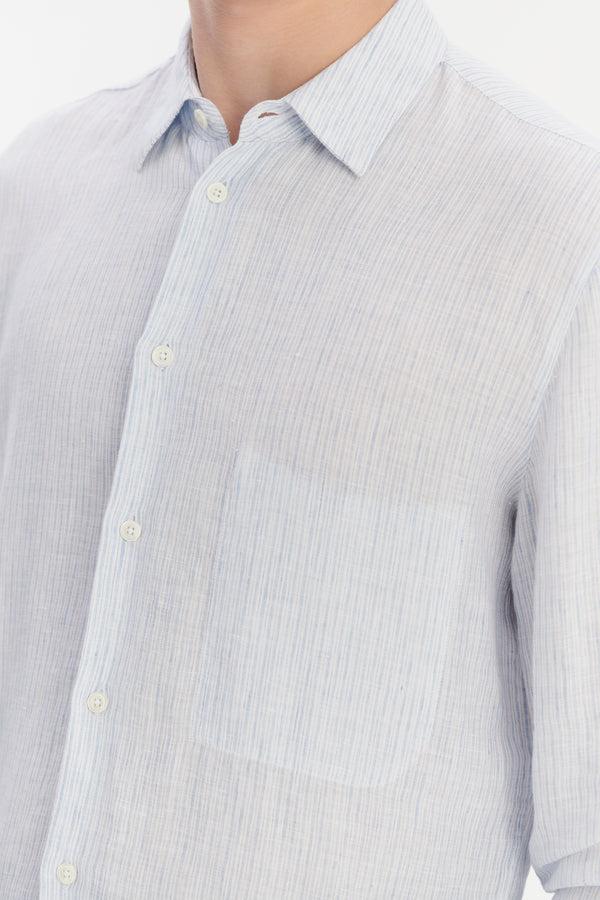 Delikatessen Feel Good Shirt In The Finest White And Subtle Blue Pin Striped Italian Linen