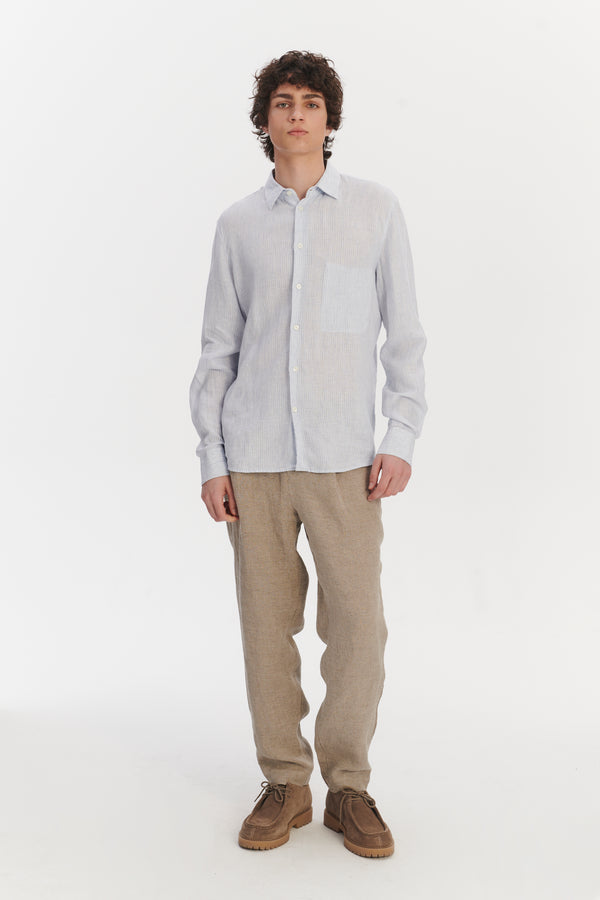 delikatessen Feel Good Shirt in The Finest White and Subtle Blue Pin Striped Italian Linen