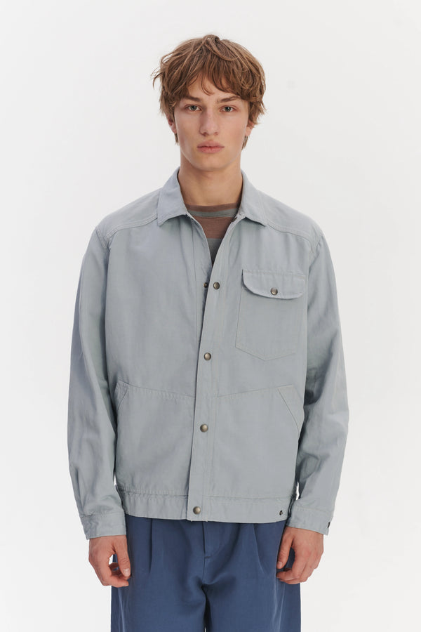 Delikatessen French Workwear Jacket In A Light Blue Grey Italian Cotton And Linen