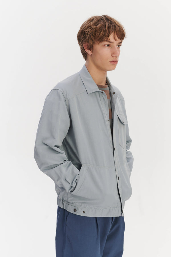 Delikatessen French Workwear Jacket In A Light Blue Grey Italian Cotton And Linen