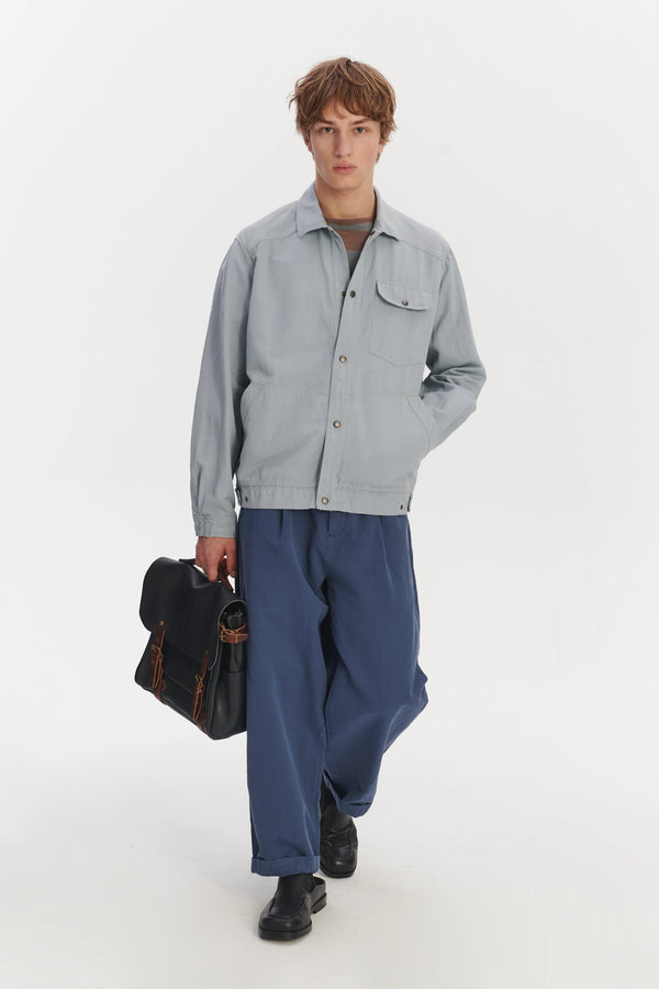 delikatessen French Workwear Jacket in a Light Blue Grey Italian Cotton and Linen