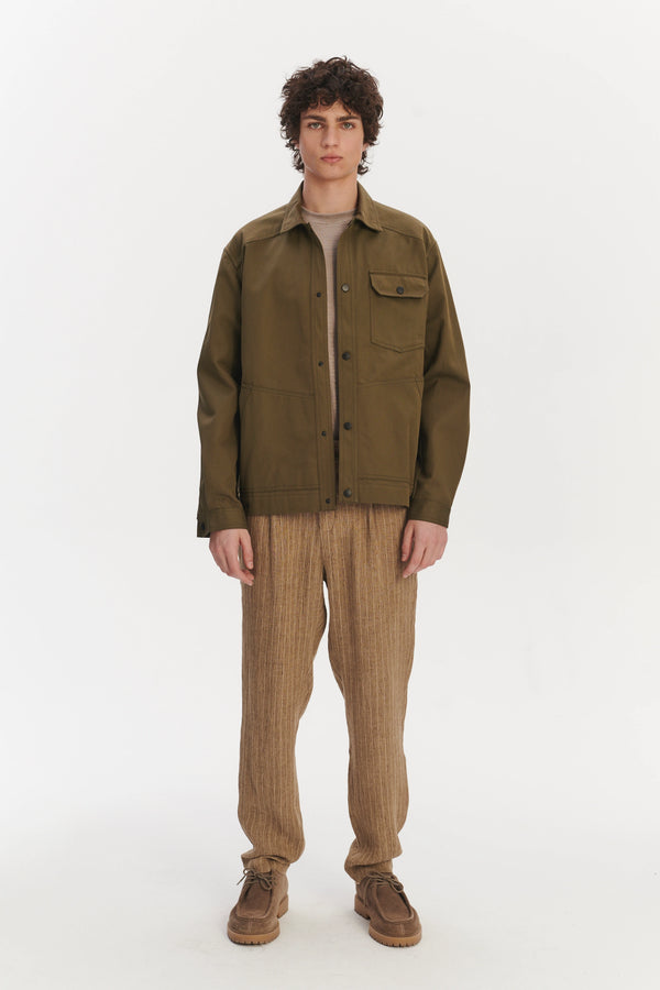 Delikatessen French Workwear Jacket In A Moss Green Sturdy Italian Organic Cotton