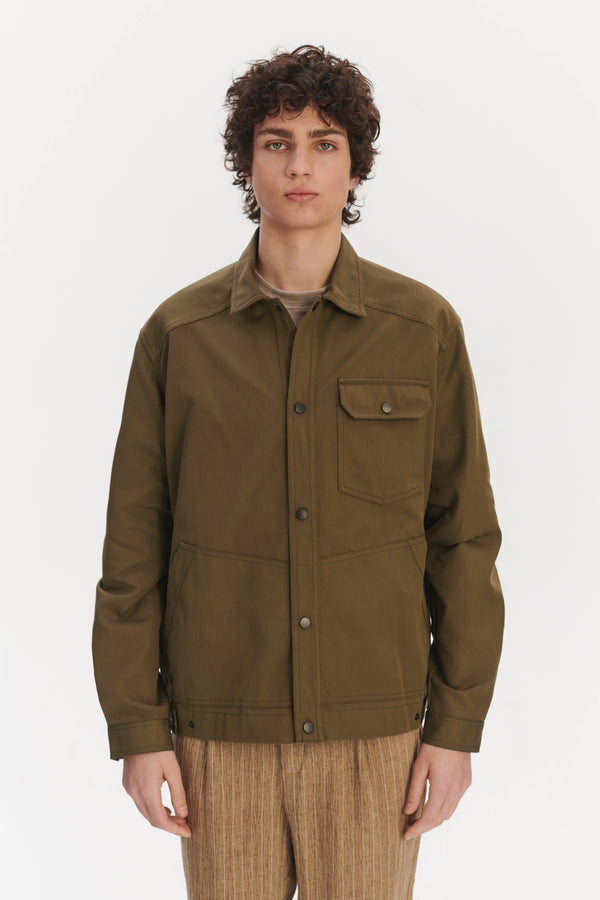 Delikatessen French Workwear Jacket In A Moss Green Sturdy Italian Organic Cotton