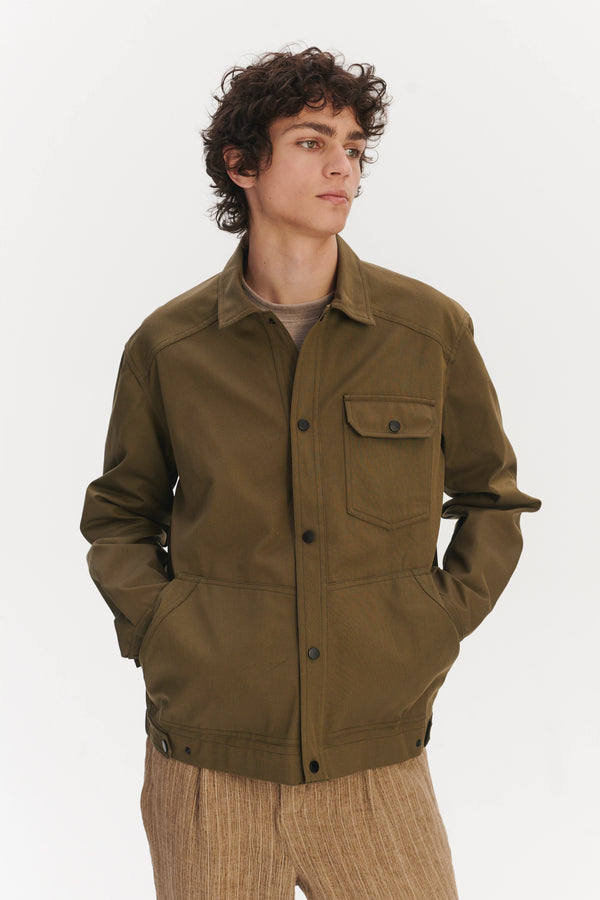 Delikatessen French Workwear Jacket In A Moss Green Sturdy Italian Organic Cotton
