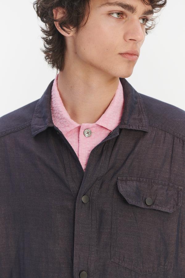 Delikatessen French Workwear Jacket In A Purple Brown Light Italian Linen