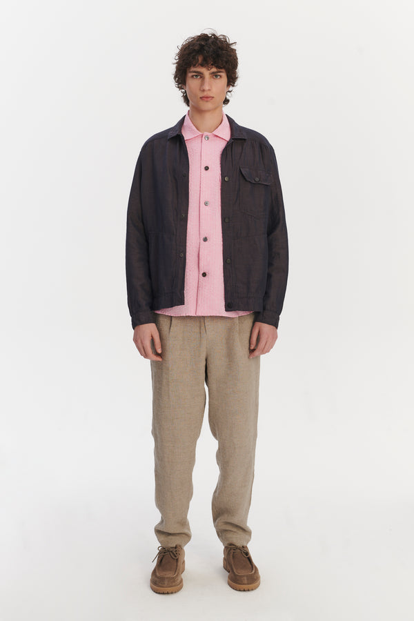 delikatessen French Workwear Jacket in a Purple Brown Light Italian Linen delikatessen French Workwear Jacket in a Purple Brown Light Italian Linen