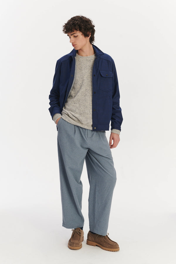 Delikatessen French Workwear Jacket In A Tonal Prussian Blue And Black Chequered Italian Cotton Flannel