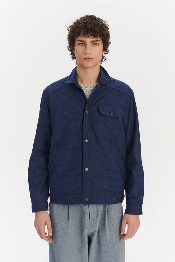 Delikatessen French Workwear Jacket In A Tonal Prussian Blue And Black Chequered Italian Cotton Flannel