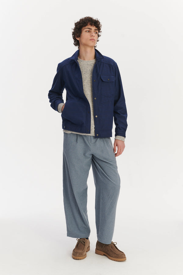 delikatessen French Workwear Jacket in a Tonal Prussian Blue and Black Chequered Italian Cotton Flannel