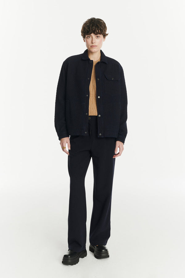 Delikatessen French Workwear Jacket In The Finest Deep Blue Piqué Japanese Cotton Denim