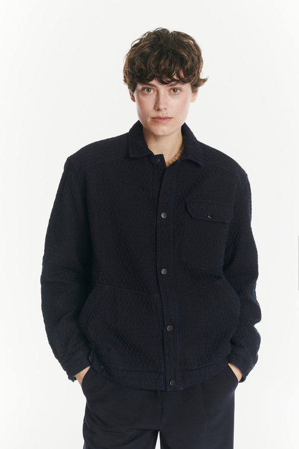 Delikatessen French Workwear Jacket In The Finest Deep Blue Piqué Japanese Cotton Denim