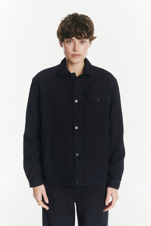 Delikatessen French Workwear Jacket In The Finest Deep Blue Piqué Japanese Cotton Denim