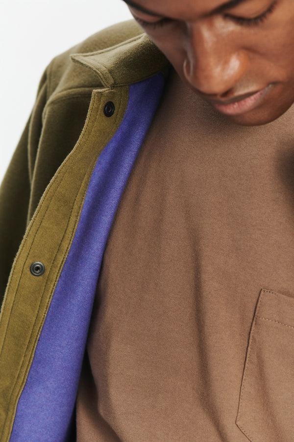 Delikatessen French Workwear Jacket In The Finest Green And Violet Blue Italian Double Sided Cotton