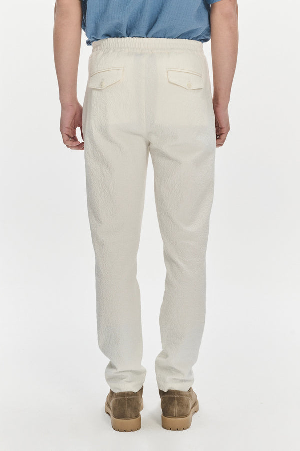 Delikatessen Garden Trousers In A White Italian Cotton And Linen Seersucker By Subalpino