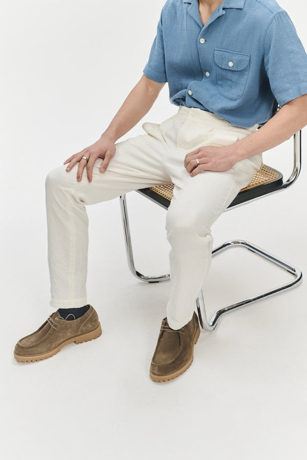 Delikatessen Garden Trousers In A White Italian Cotton And Linen Seersucker By Subalpino